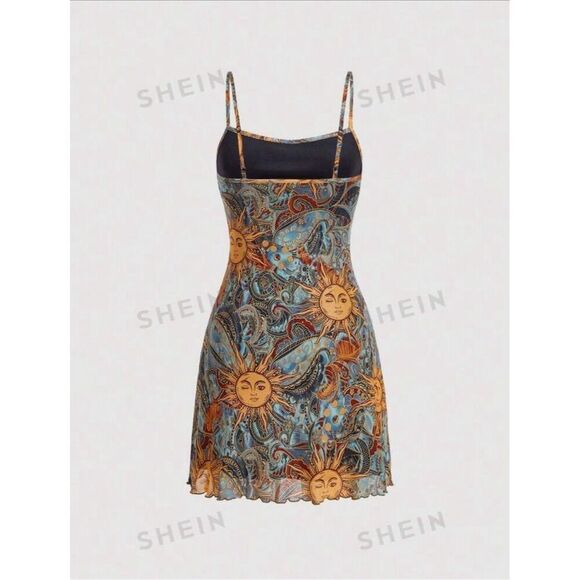 Y2K Sun Face Print Mesh Mini Dress Boho Festival Spaghetti Strap Dress Large - Picture 2 of 5